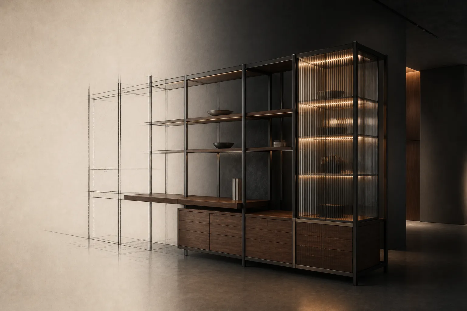 An architectural drawing becoming a freestanding black steel, timber and ribbed-glass maker wall