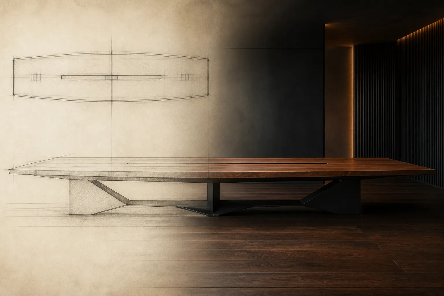 Commercial boardroom table moving from graphite drawing into black steel and rich timber